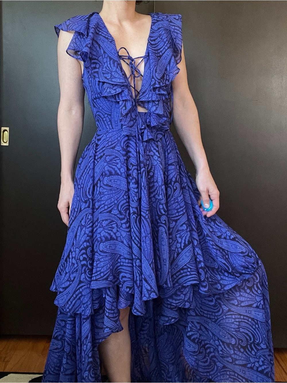 Blue Ruffled Paisley High-Low Dress